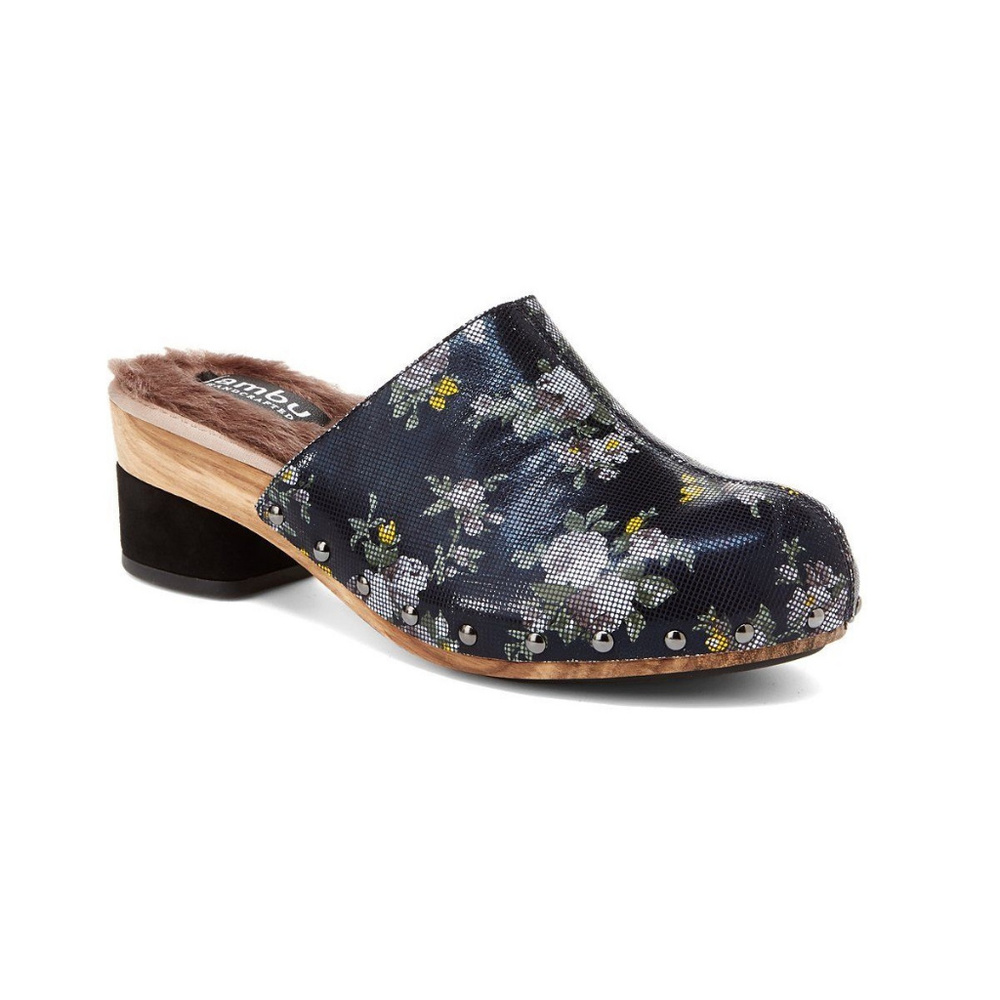Jambu Monaco Floral Leather Mule Clogs Dark Navy